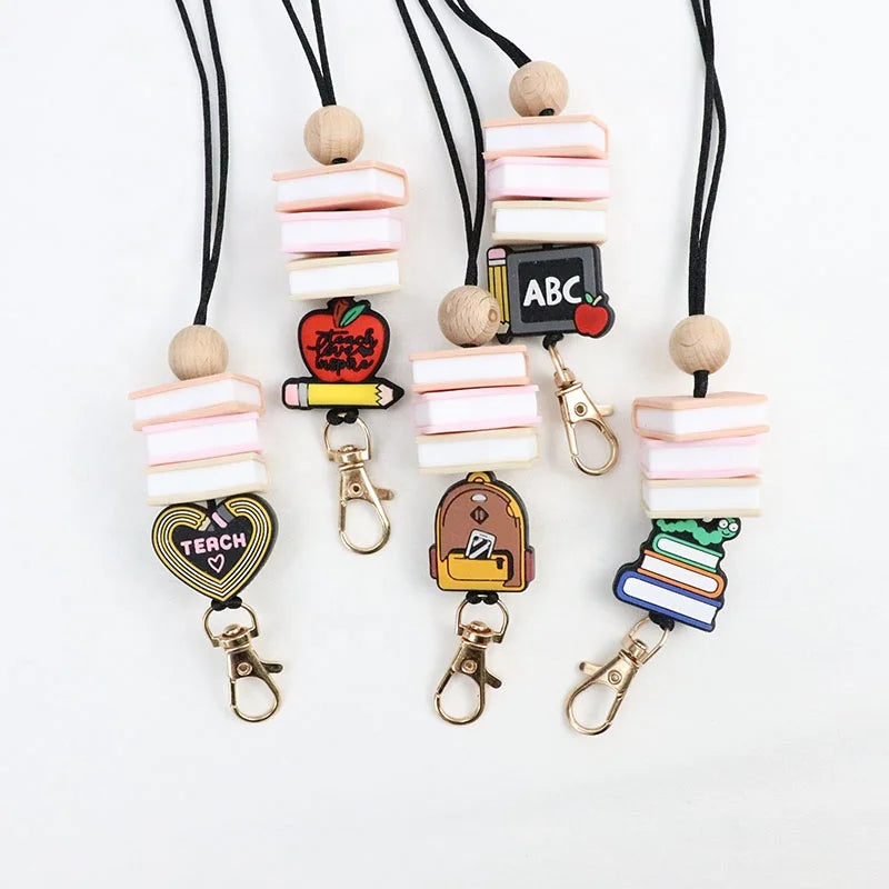 New Create Designs Eco-Friendly Silicone Beaded Breakaway Lanyard with Metal Hook Charm Disc Keychain ID Card Holder Custom Logo