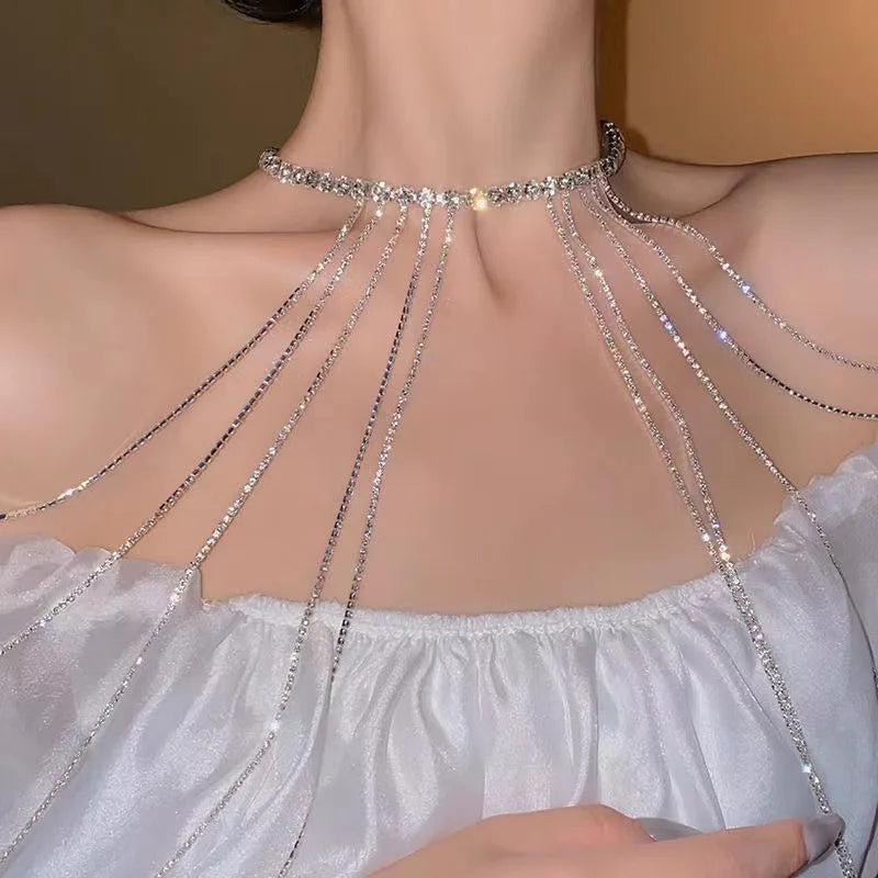 Luxurious Shiny Rhinestone Long Tassel Dress Accessories Body Chain Women Versatile Shoulder Chain for Women Fashion Jewelry