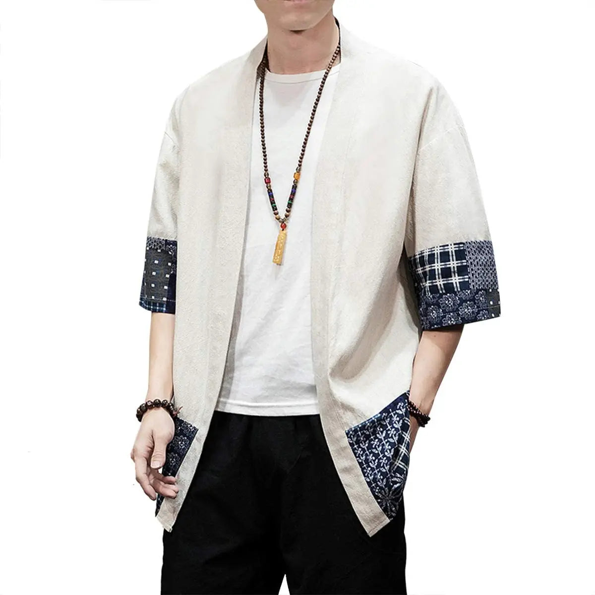 ALIKE Cardigan Lightweight Casual  Japanese Style Flying Crane Seven Sleeves Open Front  Men's Kimono Cardigan Jacket