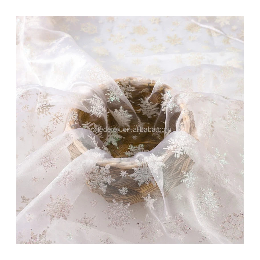 Eco-friendly Wholesale Snowflakes Lightweight Woven Tulle Glitter Elsa Costume Snowflake Printed Organza Glitter Fabric