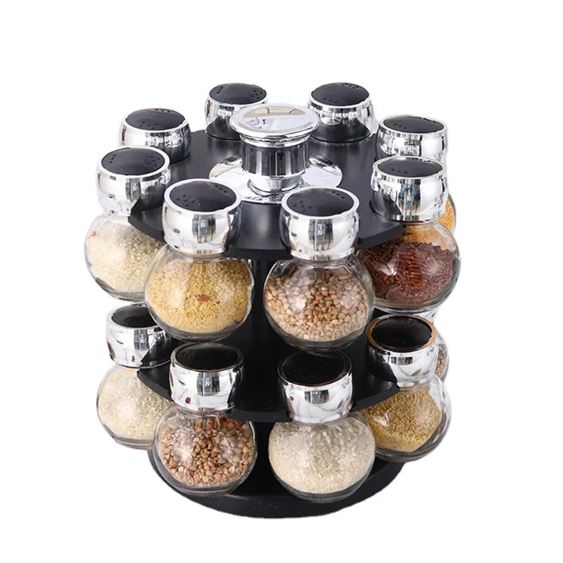 Modern 16-in-1 Spice Rack & Jar Organizer Black Durable Food Grade Dishwasher & Oven Safe Chrome Metal