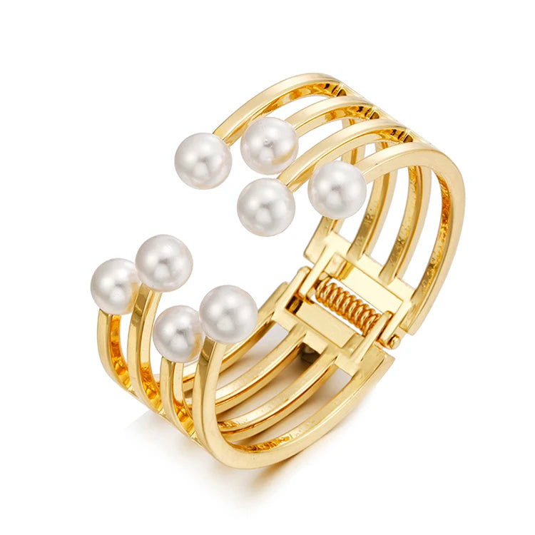 High-Polished Metal Punk Bracelet with Wide Grooved Pearl Fashion Statement Women's Cuff Bangle Fashion Jewelry