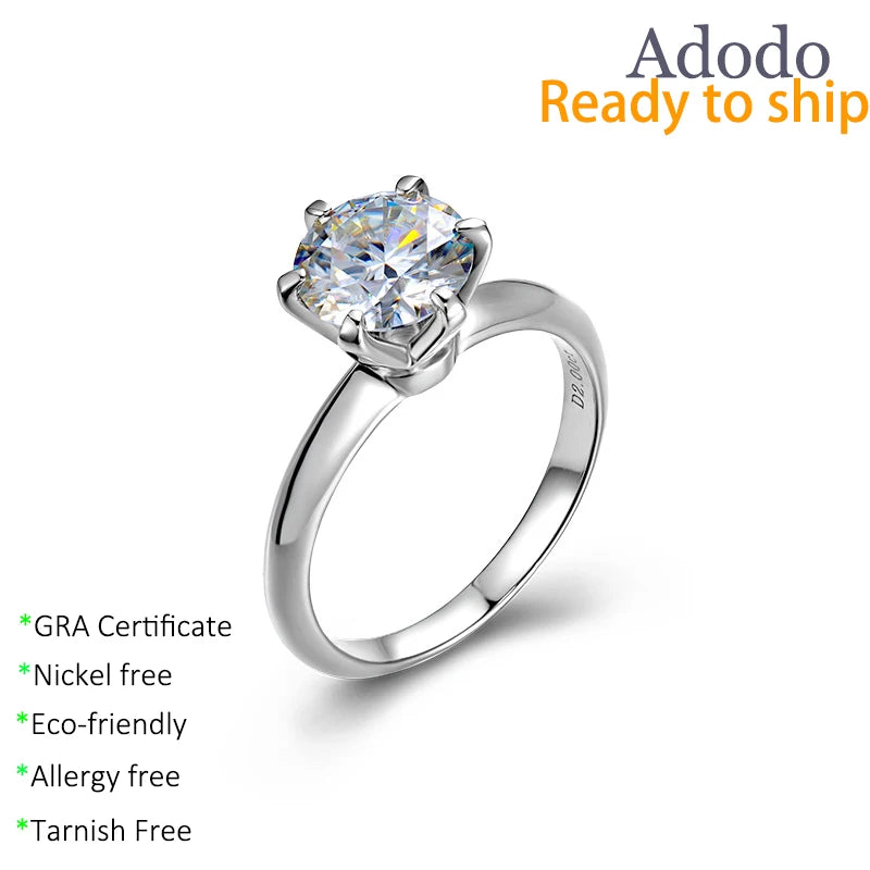 Classic 925 Silver White Gold Plated 6 Prong Round Cut 0.5ct to 3ct VVS1 GRA Moissanite Jewelry Wedding Solitaire Diamond Ring