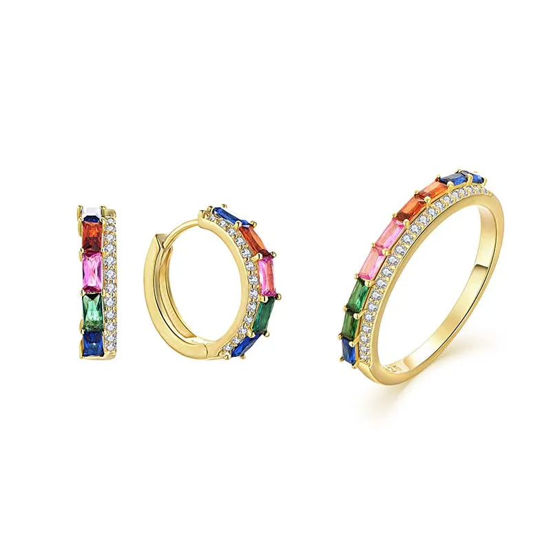 QX Custom OEM Wedding 925 Sterling Silver 18K Gold Plated Luxury Ring Earrings Multicolour Zircon Fine Jewelry Set for Women