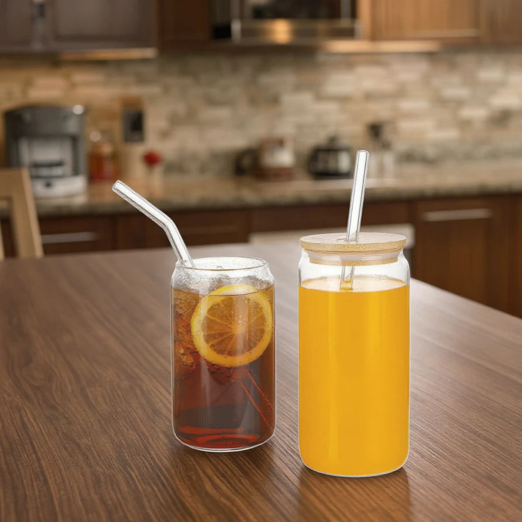 12oz 20oz Can Shaped Glass Modern Design Drinking Cups Bamboo Lids Glass Straw Stocked Water Glasses Iced Coffee Drinkwares