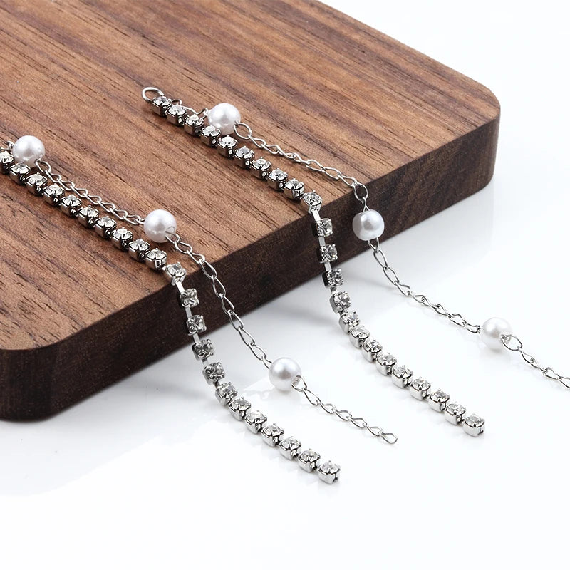 Stainless Steel Tassel Pendant with Pearl Glitter Rhinestones Chain Earrings Jewelry Making Components