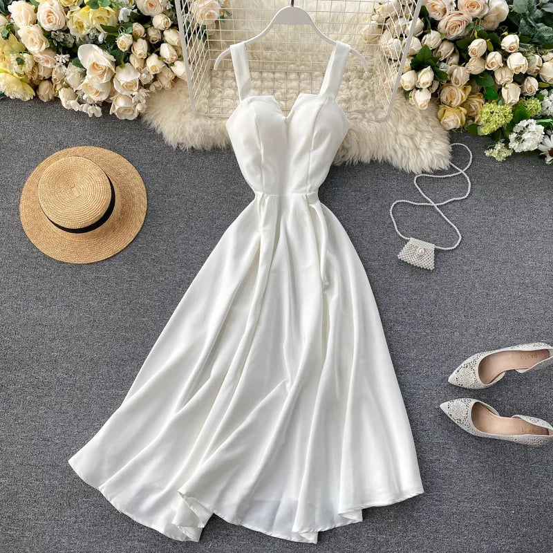 New Dresses Women Lady Elegant Summer Design Sense V-Neck Backless Retro Solid Color Slimming Long Dress MegaBDM