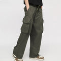 Custom Men's High Waist Canvas Cargo Pants with Embroidered Straight Wide Leg and Multi-Pockets Casual Style