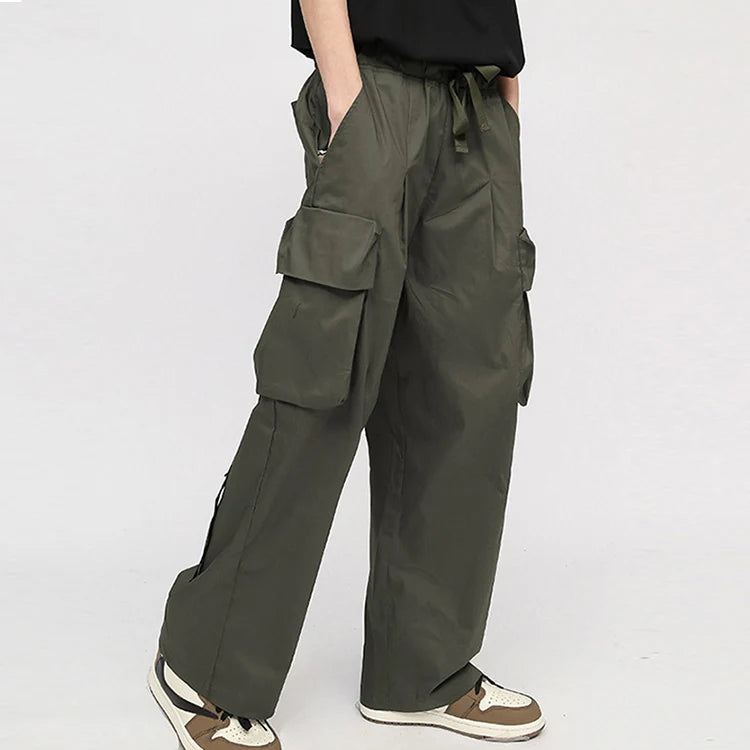 Custom Men's High Waist Canvas Cargo Pants with Embroidered Straight Wide Leg and Multi-Pockets Casual Style