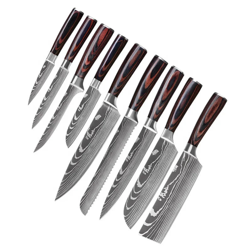 Chef Knives 4CR13 Stainless Steel Laser Damascus Meat Slicing Santoku Cleaver Knives Japan Kitchen Royalty Line Modern Knife Set