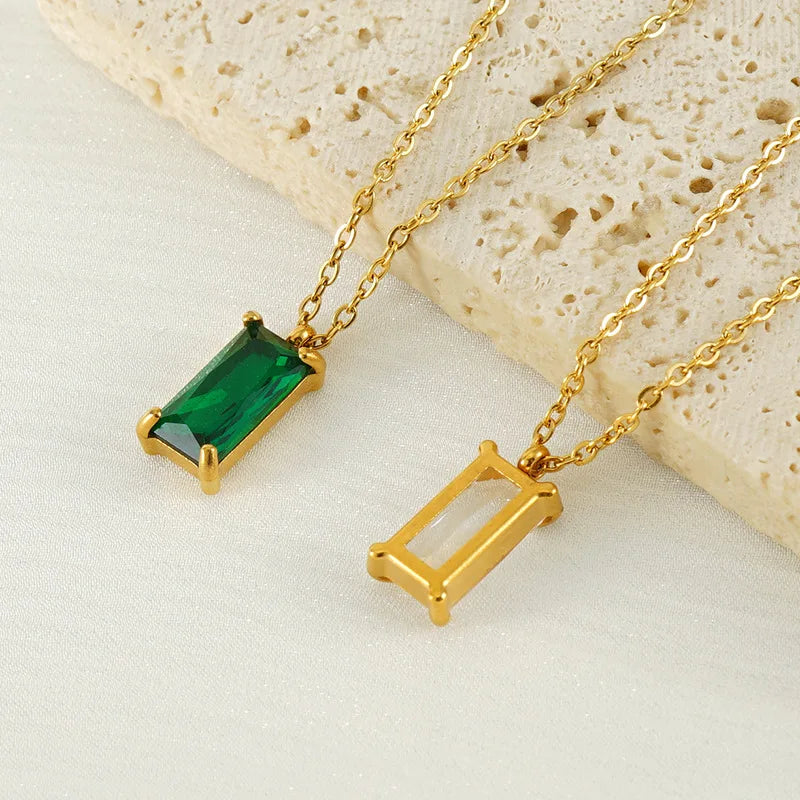 Fashion 18K Gold Plated Stainless Steel Dainty Cute Trendy Rectangle Crystals Stone Charm Chain Necklace