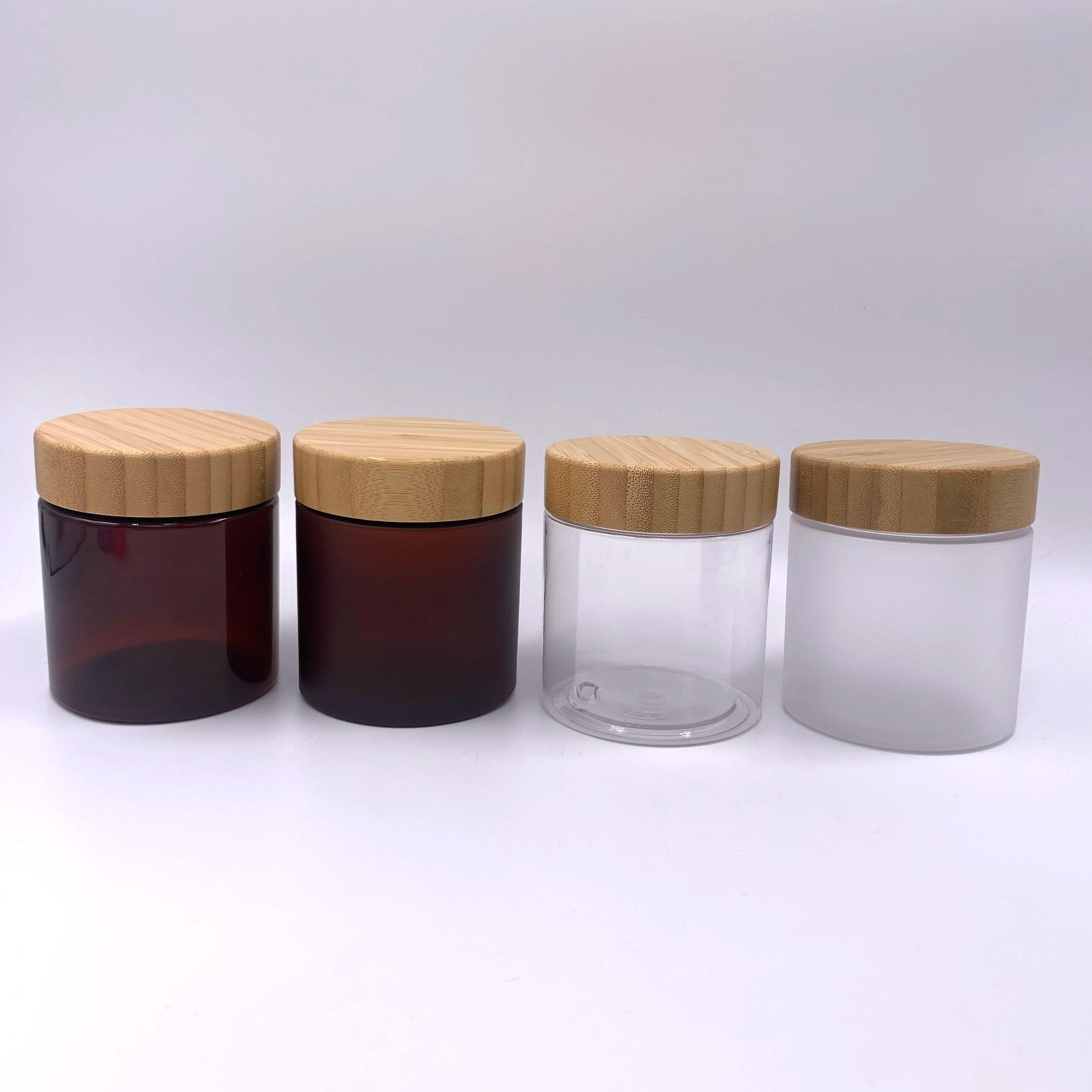 Custom 150ml 250g 8oz 500ml Frosted clear Plastic Cosmetic Body Scrub Container PET Jar with Bamboo Wooden Lids