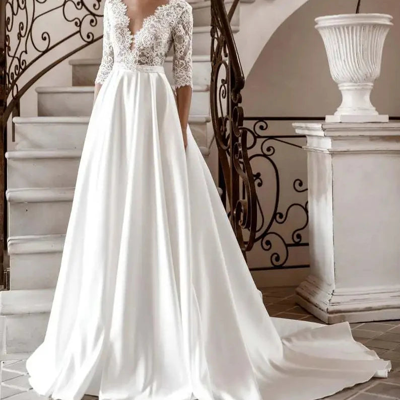 Fashion 2023 Ceremonial Dress Illusion Off Shoulder Skirt Deep V Neck a Line Floor Skirt Womens Lace Wedding Dress