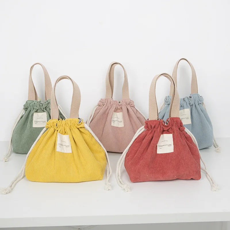 Corduroy Canvas Lunch Bag Box Drawstring Picnic Tote Eco Cotton Cloth Small Handbag Dinner Container Food Storage Bag