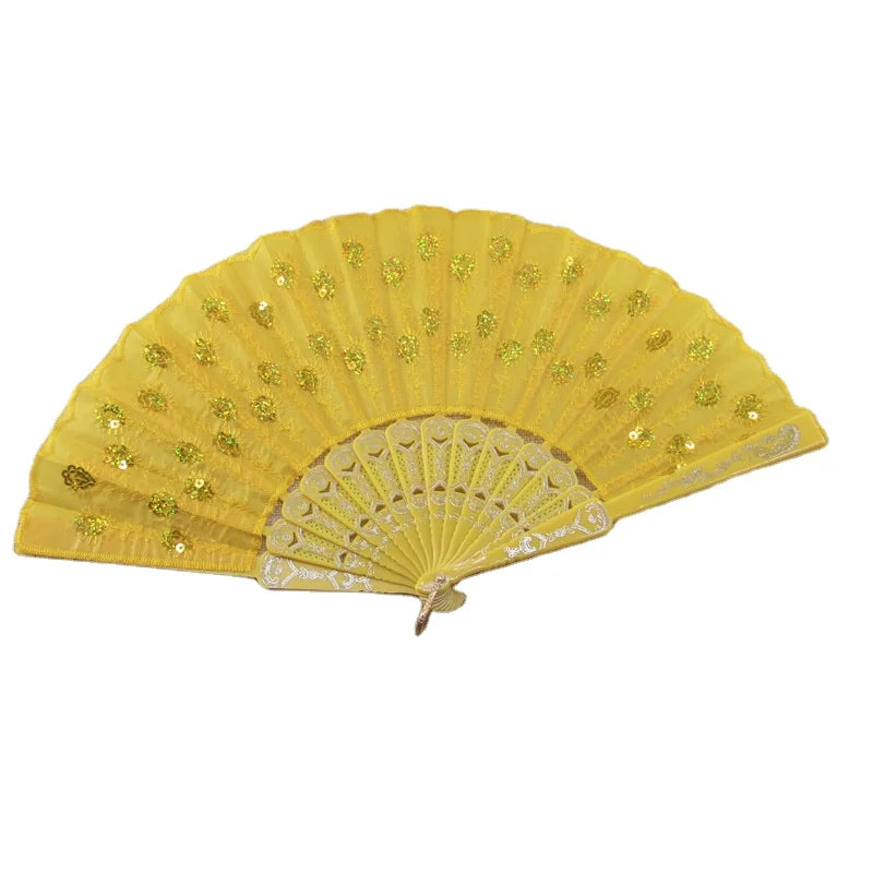 Plastic Folding Hand Fan Spanish Embroidery Sequin Hand Fan for Decoration