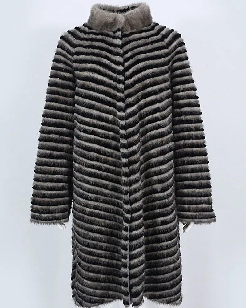 OFTBUY2023 X-long Real Fur Coat Robe Winter Gown Women Natural Mink Rabbit Fur Strip Sewed Toghter New Fashion Loose Streetwear