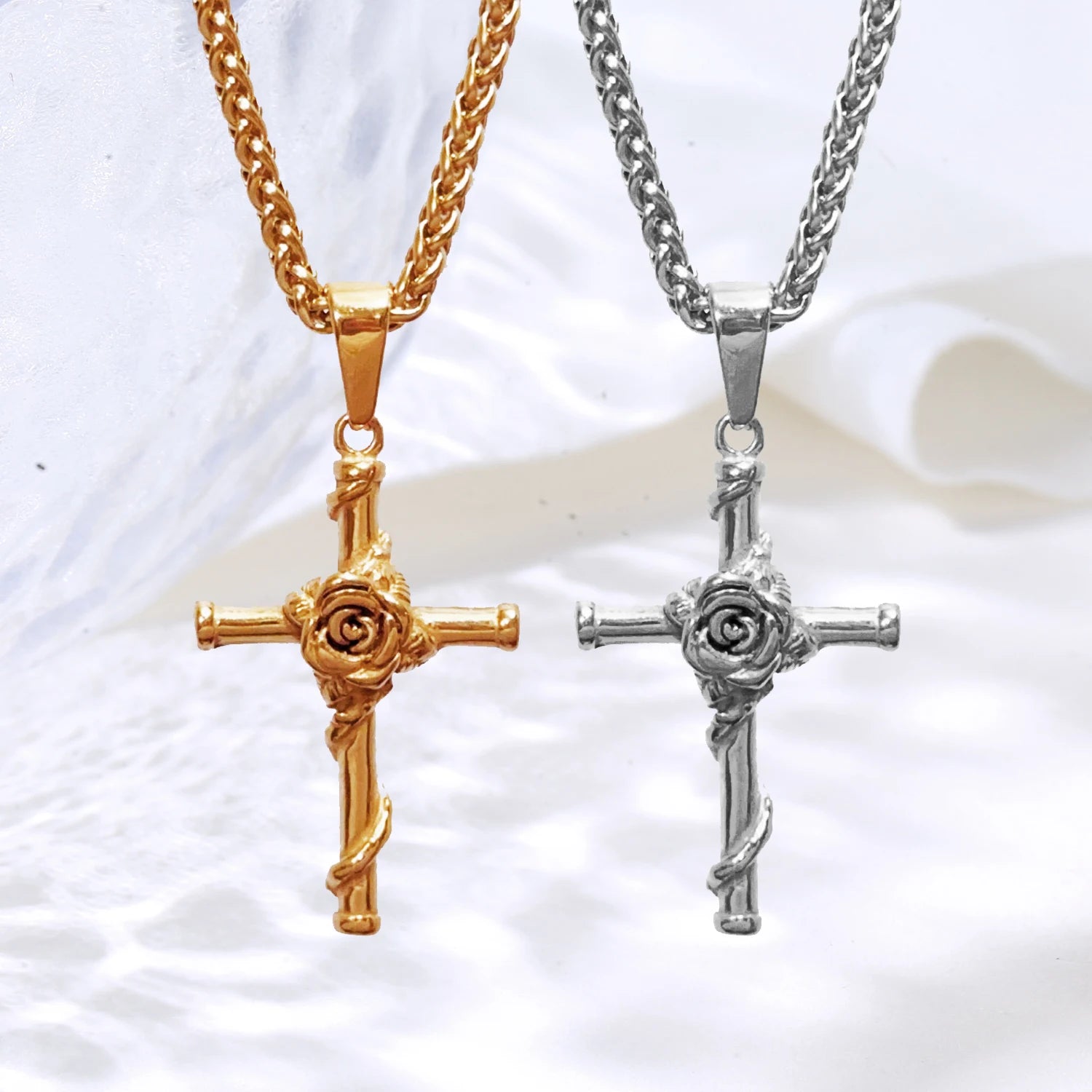 Stainless Steel Gold Plated Christian Jewelry Crucifix Cross Necklace Mens Punk Pendant Waterproof Rose Cross Necklace