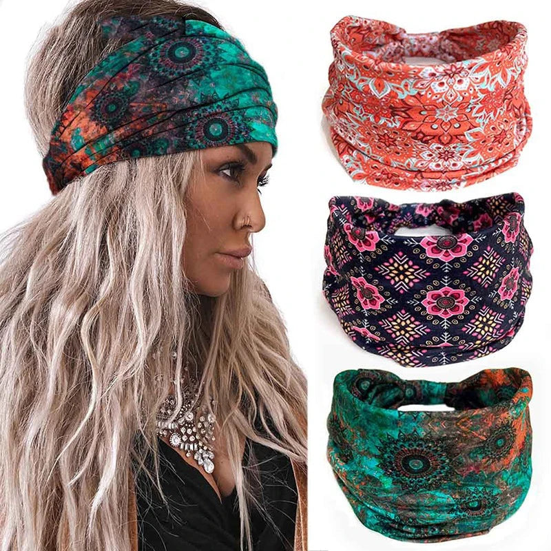 MIO Wholesale Wide Hairband Knotted Turban Yoga Headband Women Flower Print Cross Head Wraps Boho Stretch Twist Headband