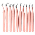 High Quality Stainless Steel Slanted Tip Pink Tweezers Extension Eyelash Grafting Tool for Makeup Wholesale MegaBDM