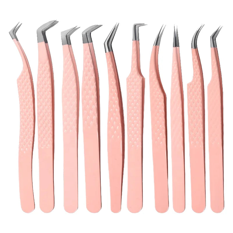 High Quality Stainless Steel Slanted Tip Pink Tweezers Extension Eyelash Grafting Tool for Makeup Wholesale MegaBDM
