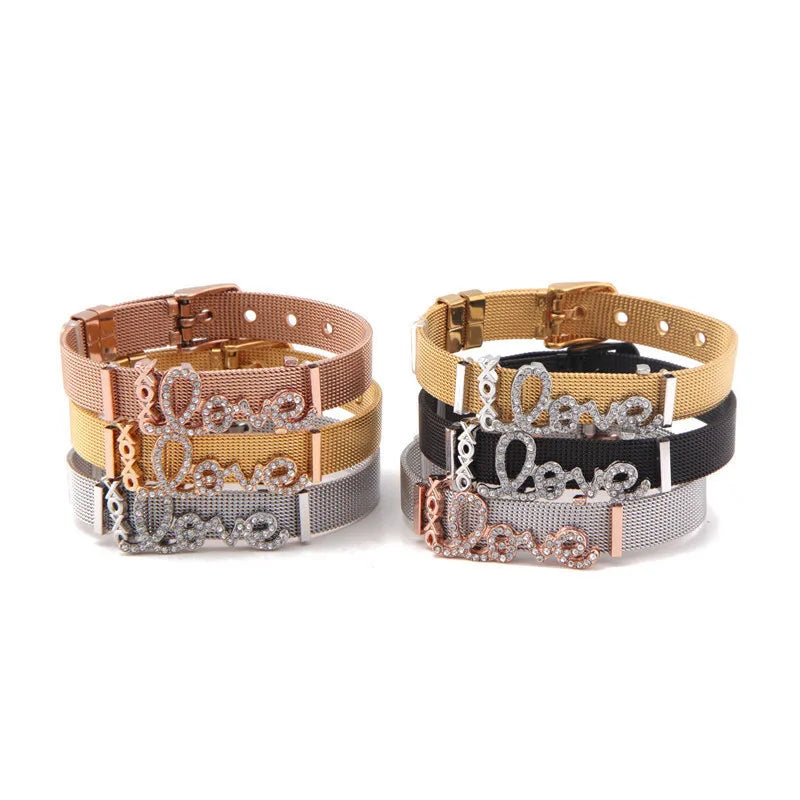 European and American Fashion Jewelry Valentine's Day Letter L O V E  Diamond Rose Red  Stainless Steel  Not Fade Bracelet