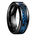 Poya Jewelry 8mm Black Tungsten Beveled Edges Ring for Men Women Wedding Band Heartbeat Blue Carbon Fiber Inlay  Comfort Fit