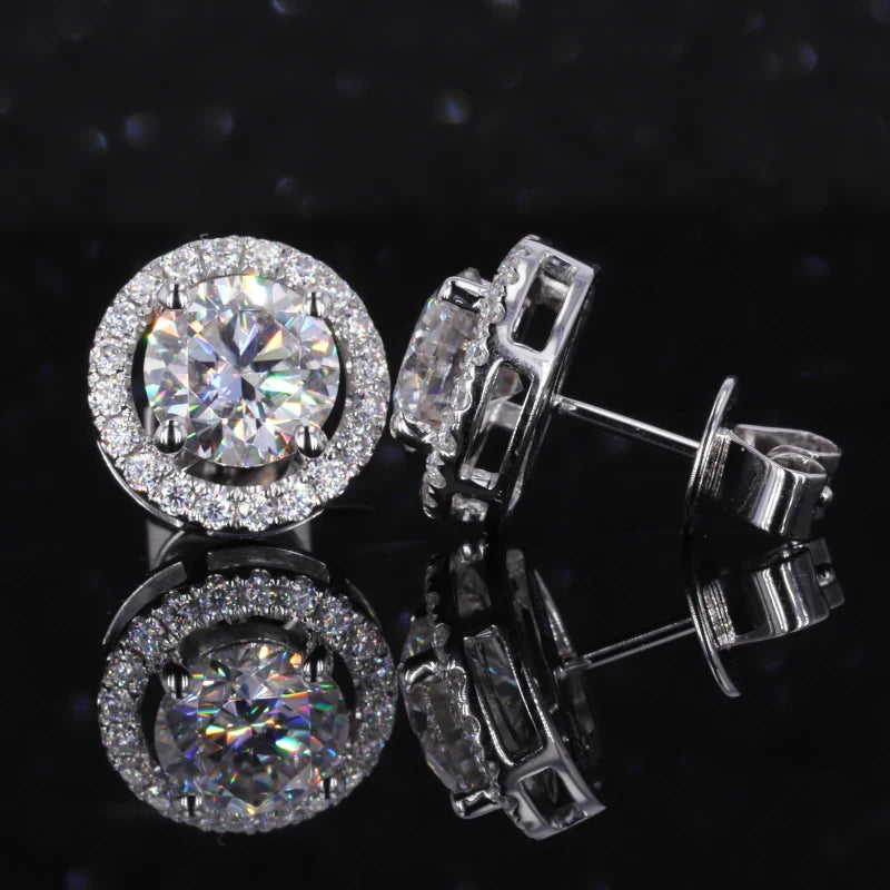 Starsgem 7.5mm Round Cut DEF Moissanite Diamond Gemstone Dainty 18k White Solid Gold Studs Earrings