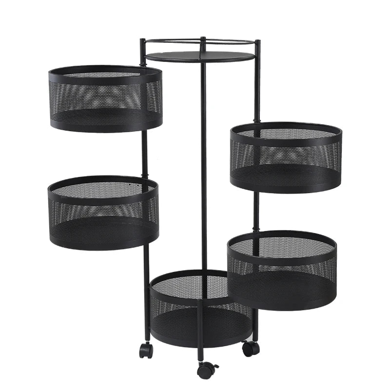 Household Five-layer Circular Rotating Multi-functional Metal Storage Rack with Removable Guardrail for Bathroom Food Storage