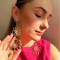 2023 Za New Designer Gold Plated Long Metal Flower Drop Earrings Women Fashion Rhinestone Crystal Flower Earrings Wholesale