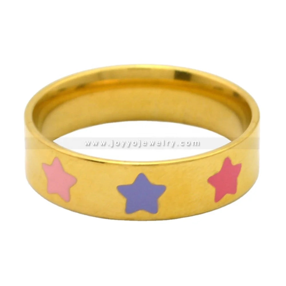 Fashion Stainless Steel Sculpt Rings Colorful Star Gold and Silver Ring Women Lovely Pink Enamel Glue Dripping Ring