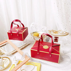 Square Bronzing Paper Handmade Candy Gift Packaging Handle Box PU Handle Cookie Treat Boxes for Business Holiday Party Decor