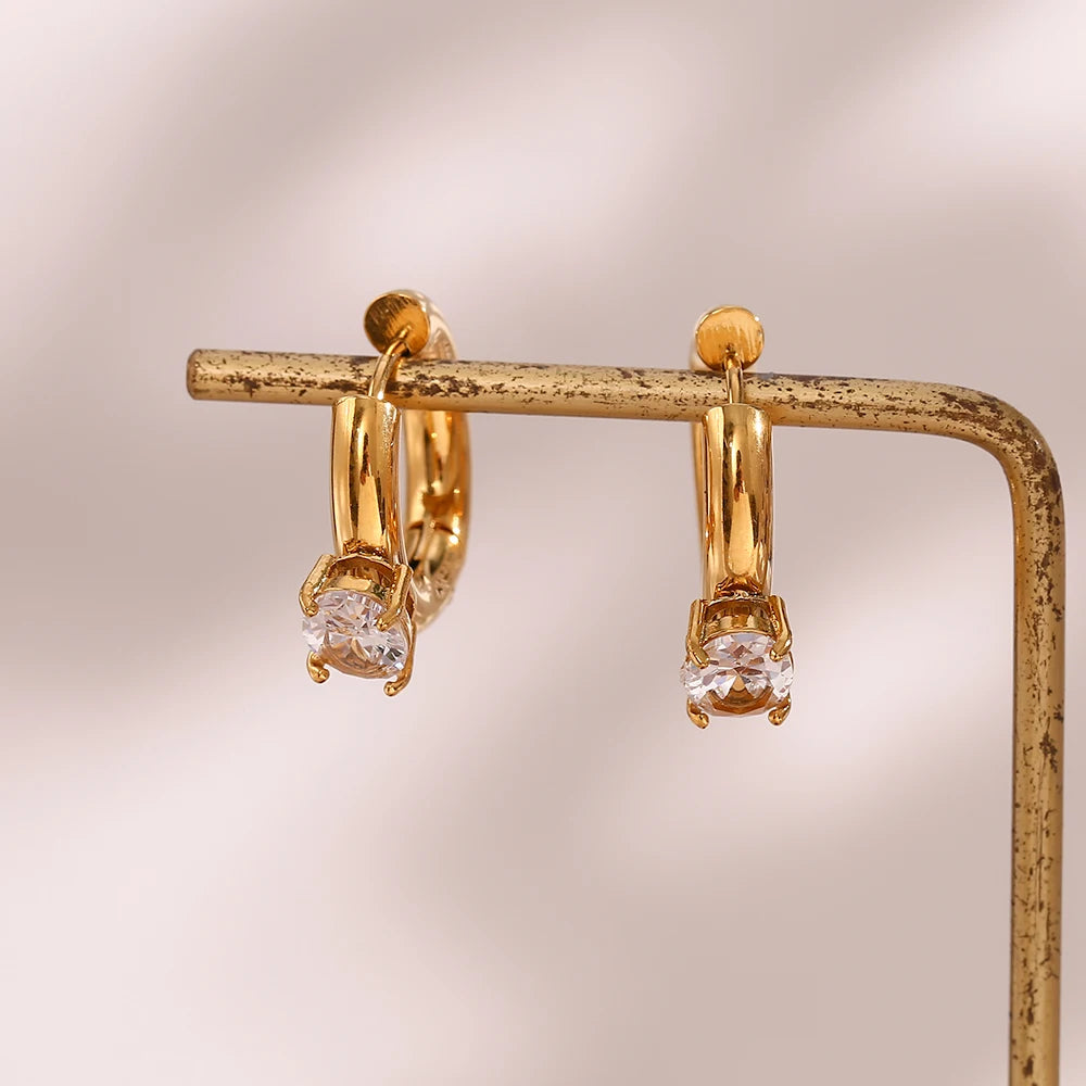 Waterproof Fashion Jewelry 18K Gold Plated Zircon Earring Hoop Stainless Steel Crystal Hoop Earring for Women
