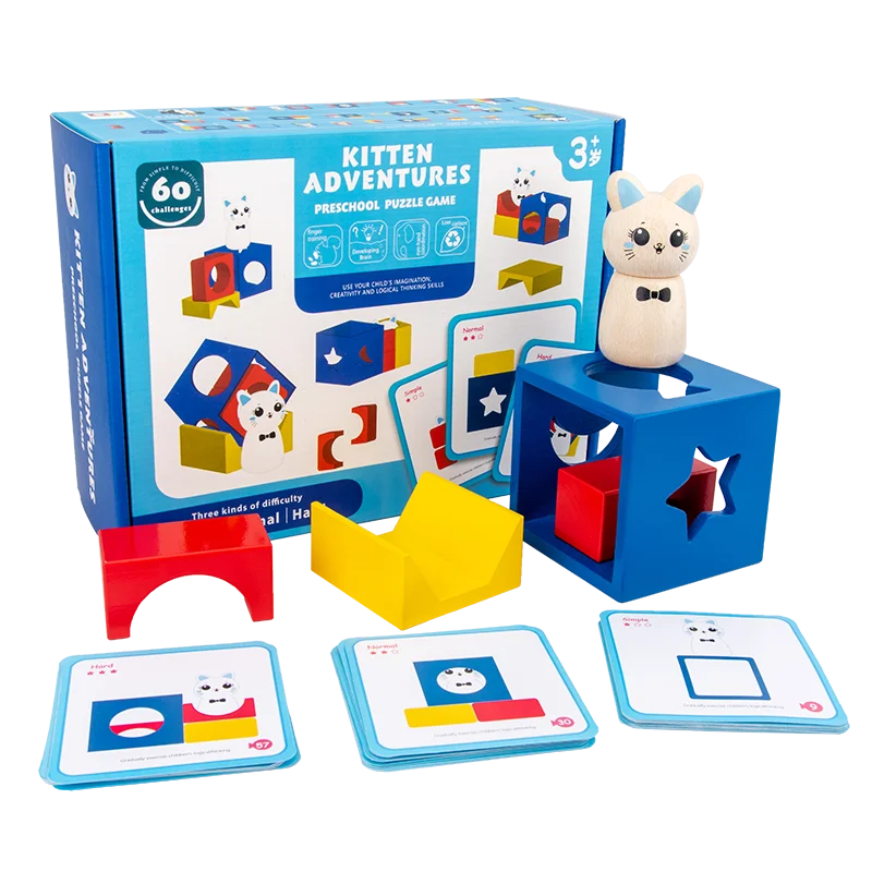 Newest Wooden Block Puzzle Cute Kitten Adventures Preschool Puzzle Game Logical Thinking Montessori Toys for Kids 3 Years and up