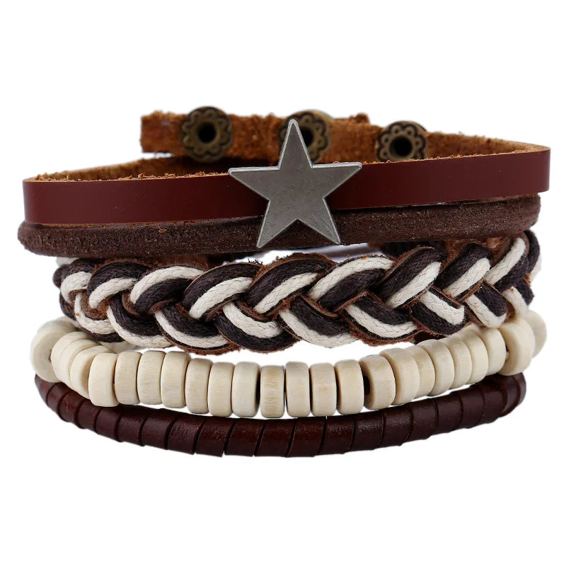 Wholesale Vintage Genuine Leather Fashion Charm Bracelets for Men Handmade Star Pentacle Design