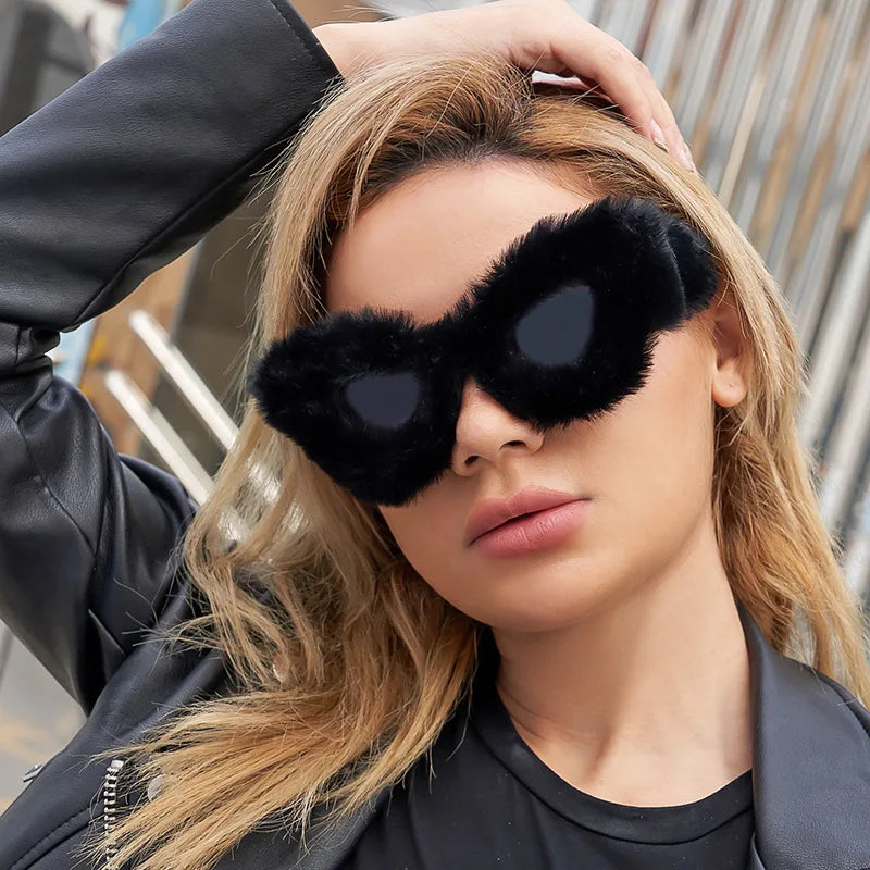Ladies Winter Plush Sunglasses Fashion Cat Eye Women's PC Frame in Blue Pink Gray