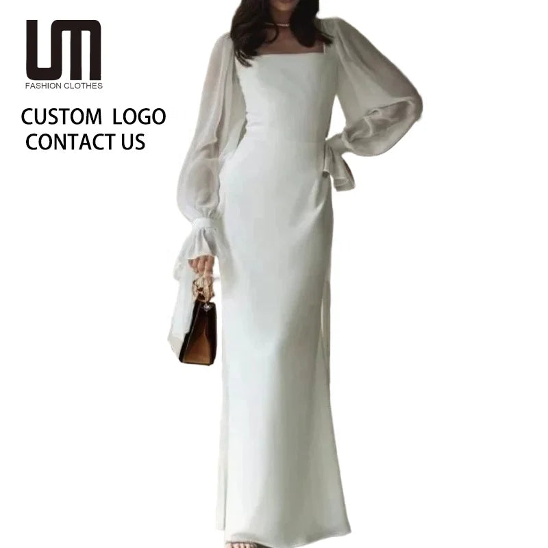 New Women Evening Dress - French Square Neck Mesh Flare Sleeve Wrap Waist Transparent Chic Party Gown (Custom OEM/ODM)