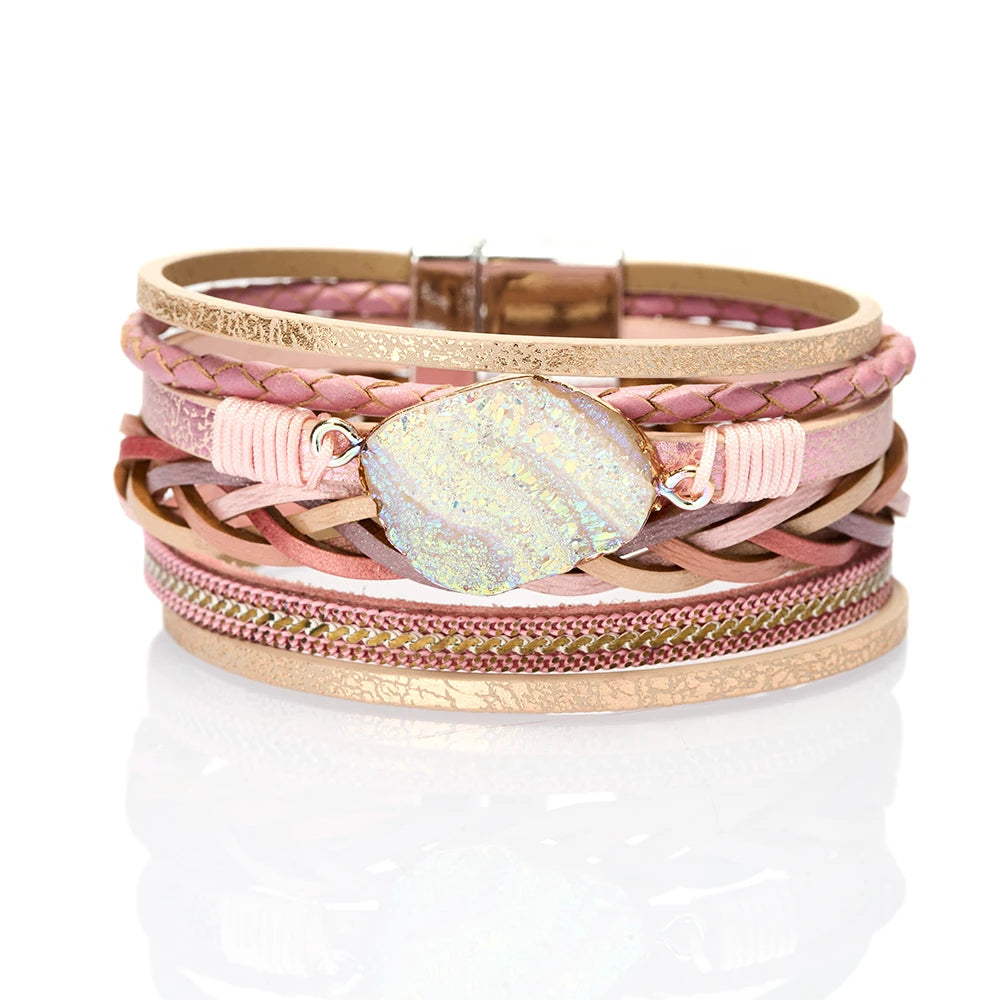 Leather Wrap Bracelet Boho Cuff Bracelets Crystal Bead Bracelet with Magnetic Clasp Jewelry Gifts for Women Teen Girls