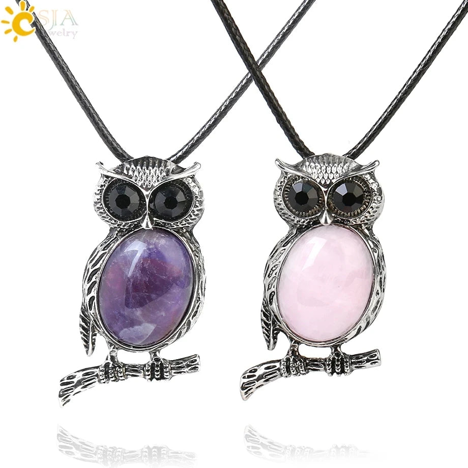 CSJA Fashion Natural Stone Rose Quartz Owl Necklace Amethyst Crystal Charm Pendant Gemstone Jewelry for Men Women G948