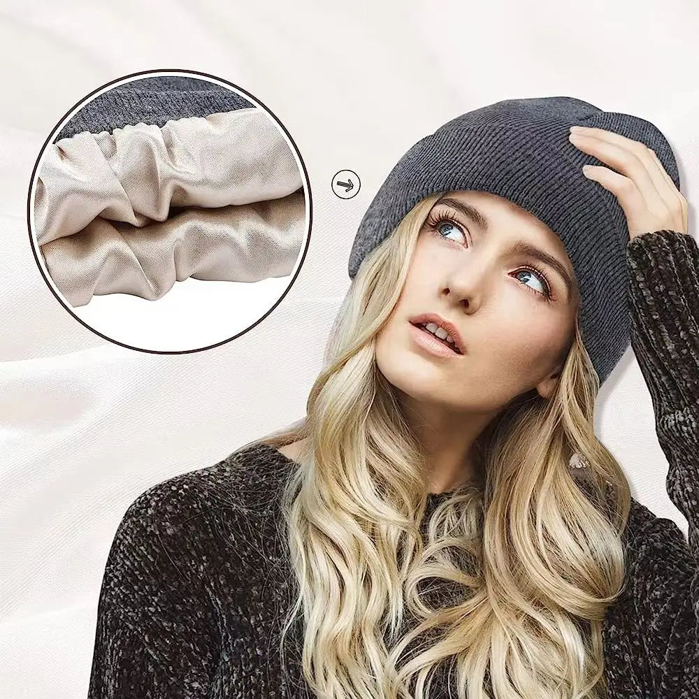 HZM-19274 Winter Knit Beanie for Women Satin Lined Cable Thick Chunky Cap Cuff Beanie