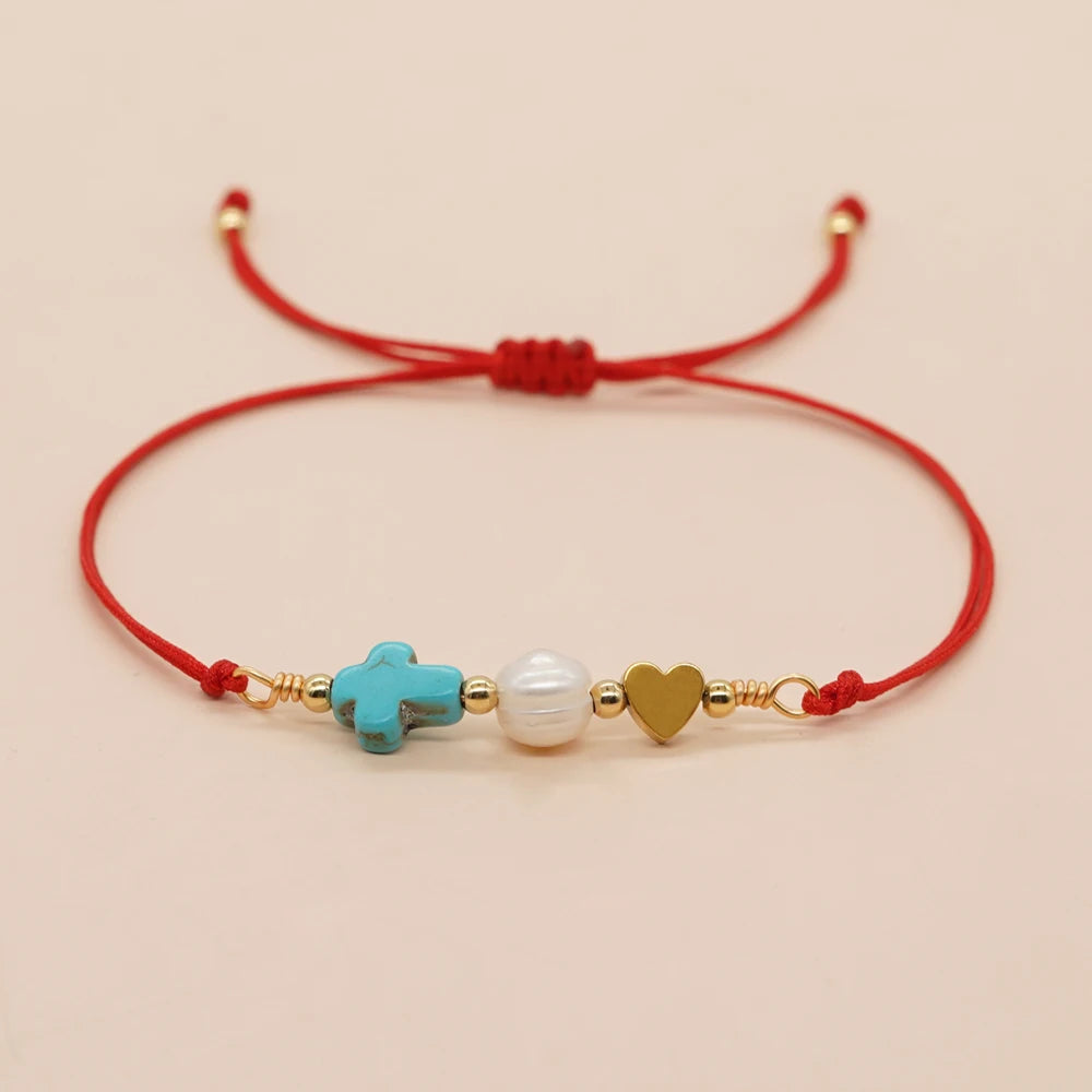 Go2boho Wholesale New Handmade Jewelry Bileklik Gold Heart Charm Fresh Pearl Cross Boho Adjustable Cord Women Bracelet for Gift