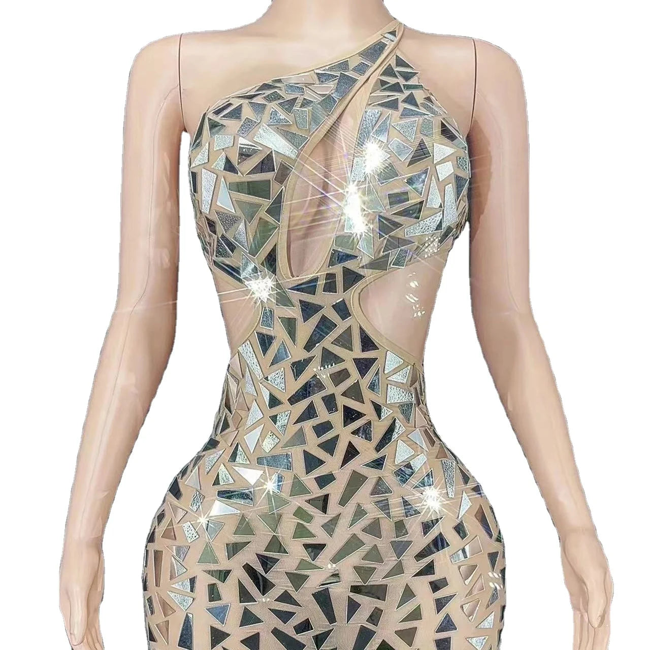 2022 Fashion Show Sexy Transparent Mirrors Dress Women Stretch Shining Silver Evening Birthday Celebrate Prom Dress
