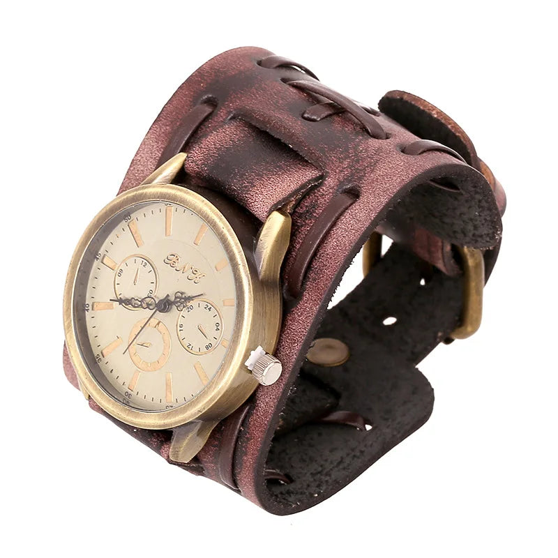 Vintage Woven Cowhide Bracelet Watch Leather Bracelet Wide Leather Punk Men Watch Bracelet