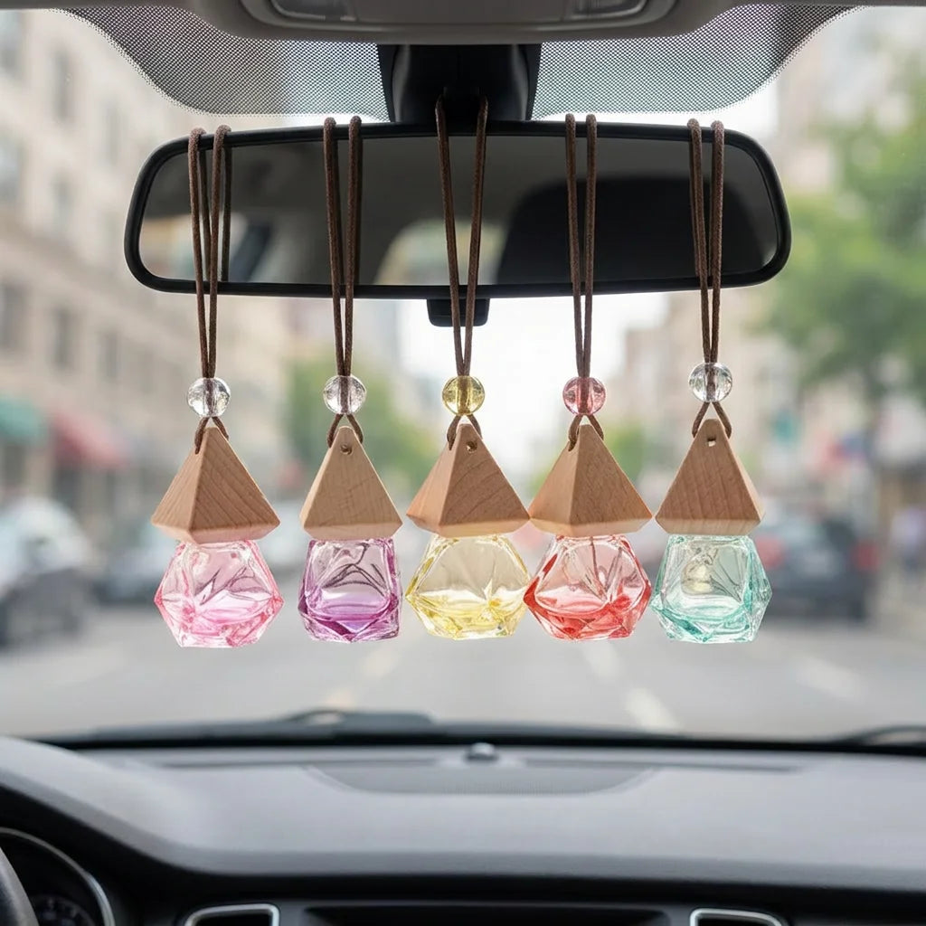 Custom Logo Colored 8ml Car Hanging Diffuser Glass Perfume Bottle with Wooden Lid