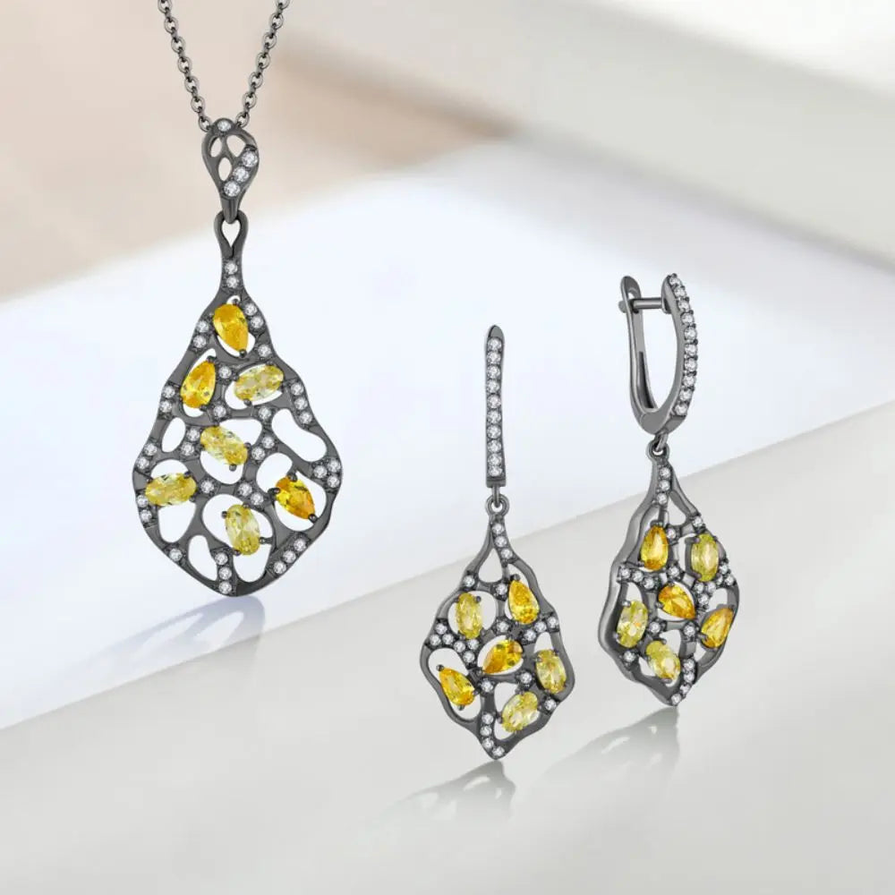 Fine Jewelry Cheap Black Gold Natural Light Olive Zirconia Gemstone Latest Handmade Sterling Silver Brand Necklace Earrings Wome