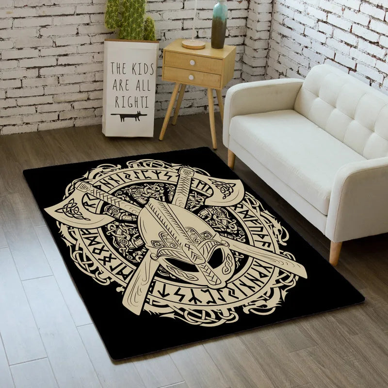 Vintage Medieval Viking Pattern Printed Area Rug Flannel WJN26 Non-Slip Circular Floor Mat for Indoor Home Decoration