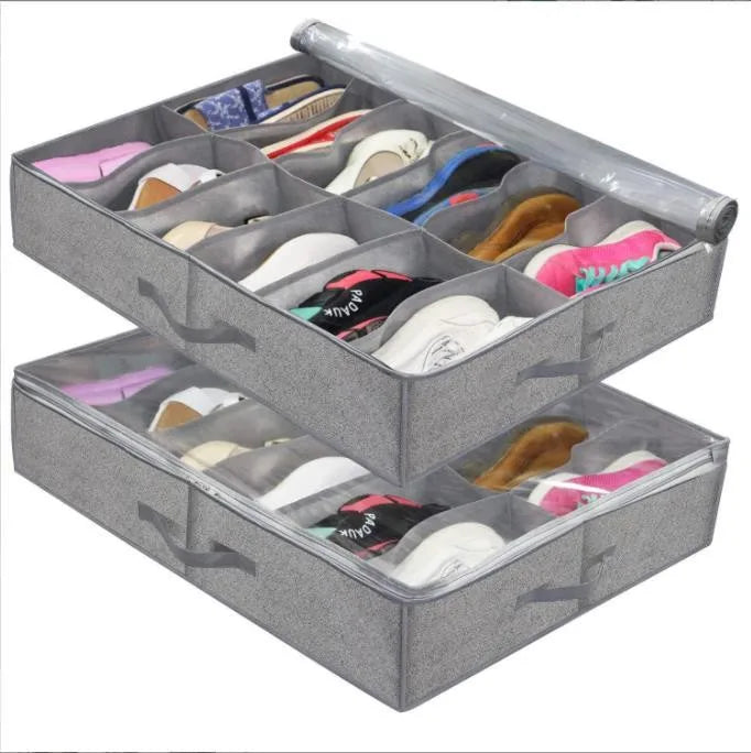 Fabric Foldable Shoe Organizer Shoe Storage Bins with Clear Cover Adjustable Dividers Closet Fabric Foldable Modern Style