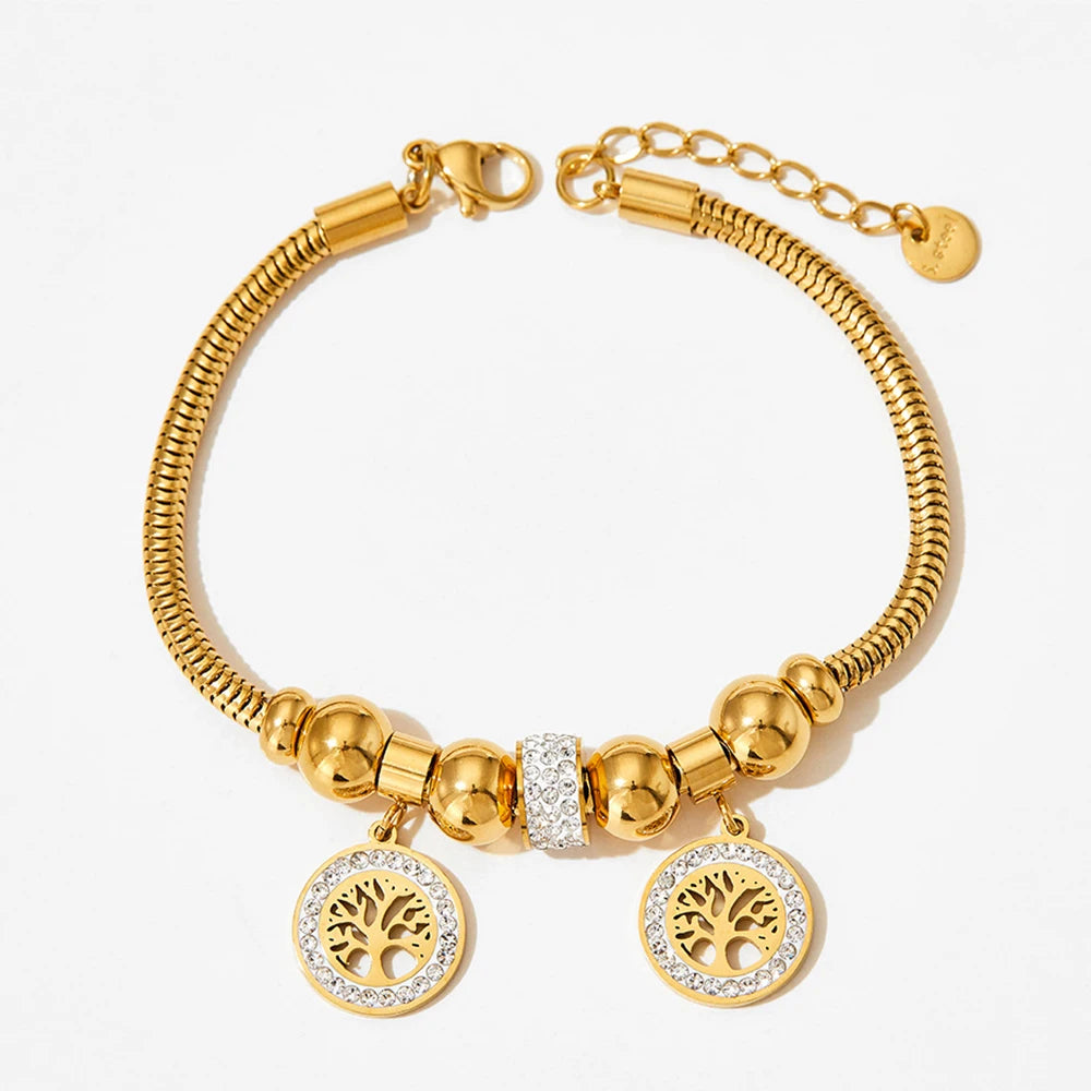 18K Gold Plated Snake Bone Zircon Small Bead Charm Stainless Steel Hollow Tree of Life Gift Bracelet