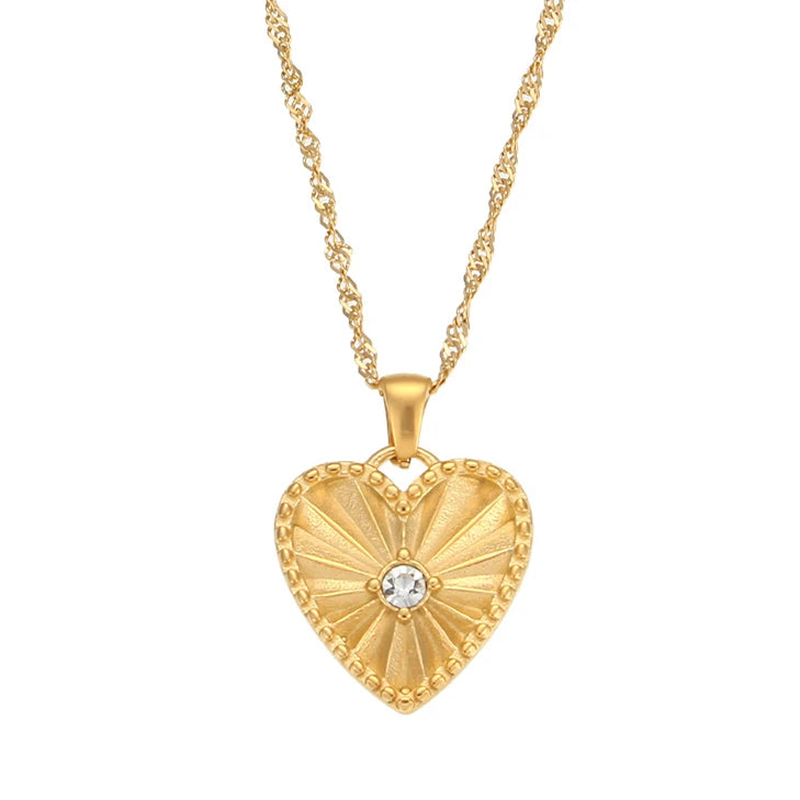 Exquisite Zircon Round Pendant Necklace Stainless Steel Jewelry Leaf Motif Heart Pendant Necklace for Women Girls