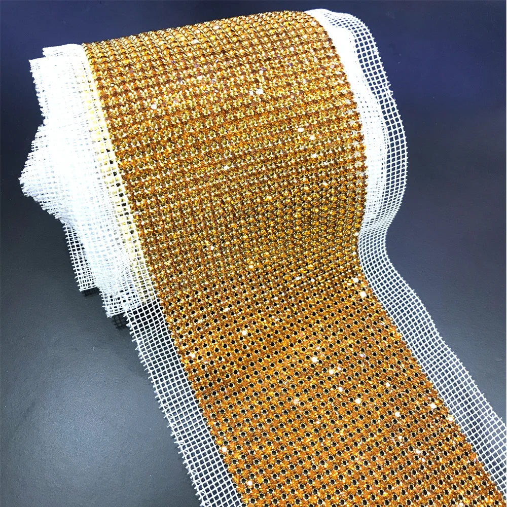 S446 24 Rows Gold Color Rhinestone Mesh Trim Diamante Crystal Rhinestone Trimming Chain for Women Cloth Dress Decoration