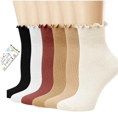Women's Ruffle Lettuce Edge Sock Casual Solid Color Cute Ankle Socks Breathable Knit Cotton Soft Frilly Crew Socks for Girls